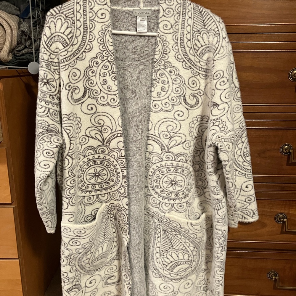Jacquard sweater, paisley 3/4 sleeve open-front cardigan.